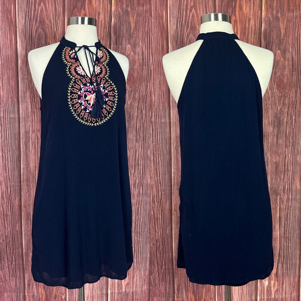 THML Navy Blue Embroidered Dress Shift Boho Sleeveless Size Small S